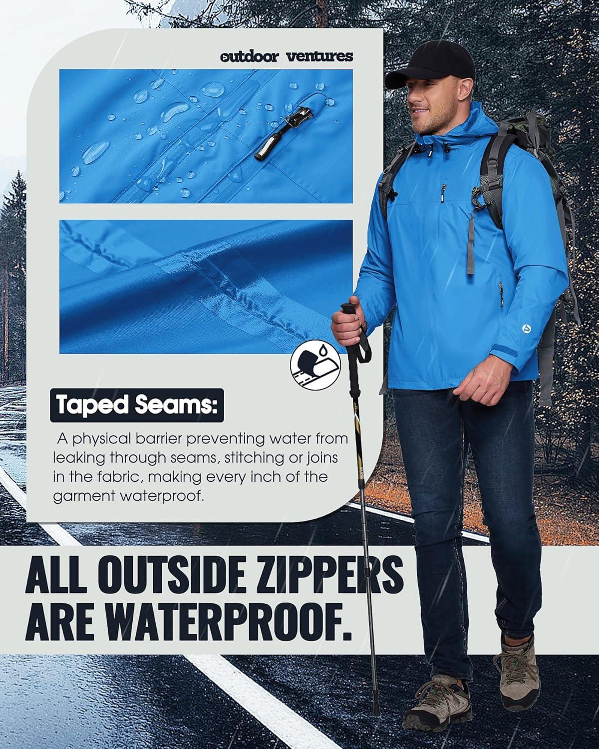 Outdoor Ventures Men’s Packable Rain Jacket Waterproof Lightweight Raincoat with Hood Windproof Cycling Jackets(Bright Blue)