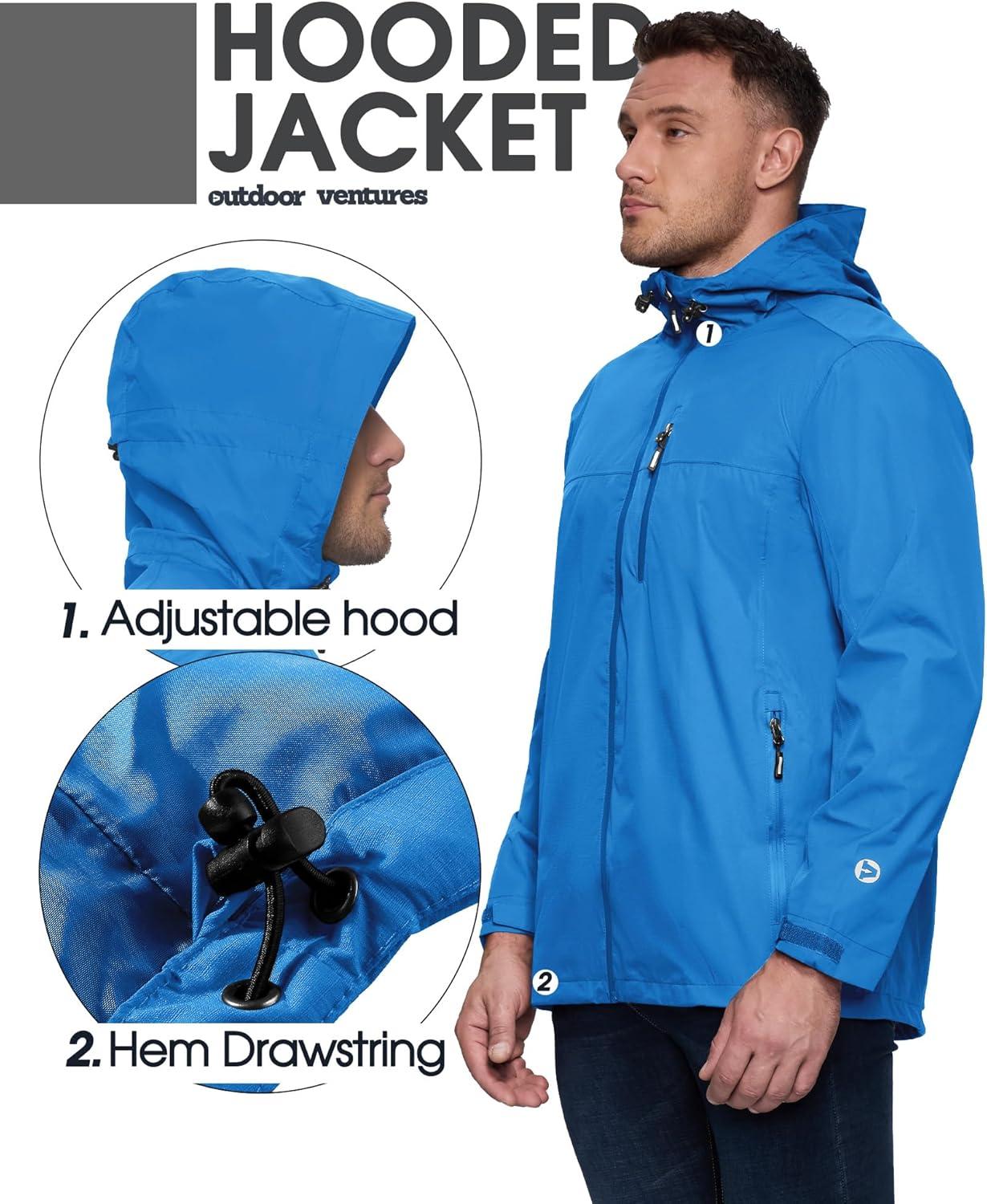 Outdoor Ventures Men’s Packable Rain Jacket Waterproof Lightweight Raincoat with Hood Windproof Cycling Jackets(Bright Blue)