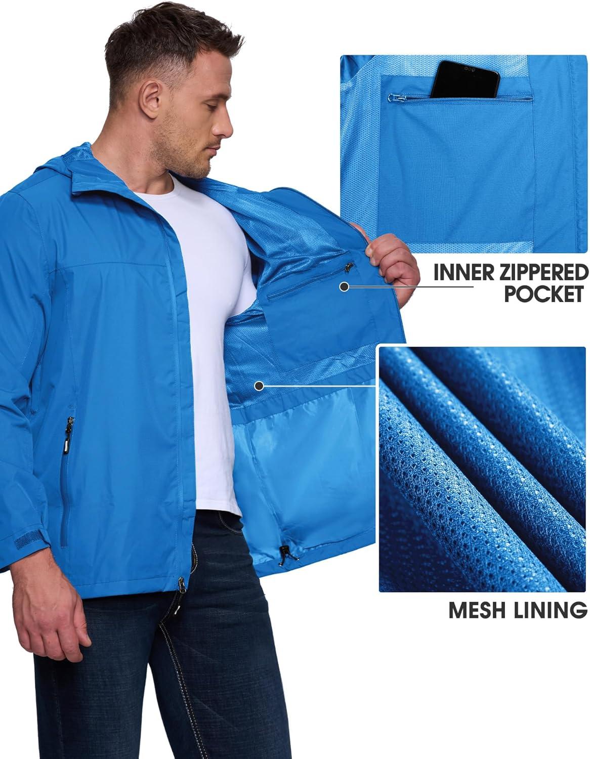 Outdoor Ventures Men’s Packable Rain Jacket Waterproof Lightweight Raincoat with Hood Windproof Cycling Jackets(Bright Blue)