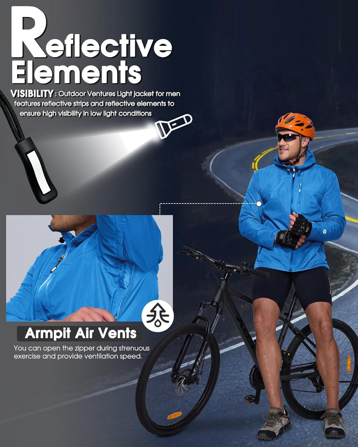 Outdoor Ventures Men’s Packable Rain Jacket Waterproof Lightweight Raincoat with Hood Windproof Cycling Jackets(Bright Blue)