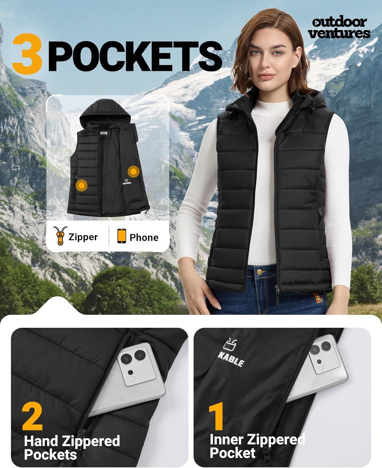 Outdoor Ventures Women’s Lightweight Packable Hooded Puffer Vest Outerwear Zip Up Warm Sleeveless Winter Jacket Quilted Coat(Black)
