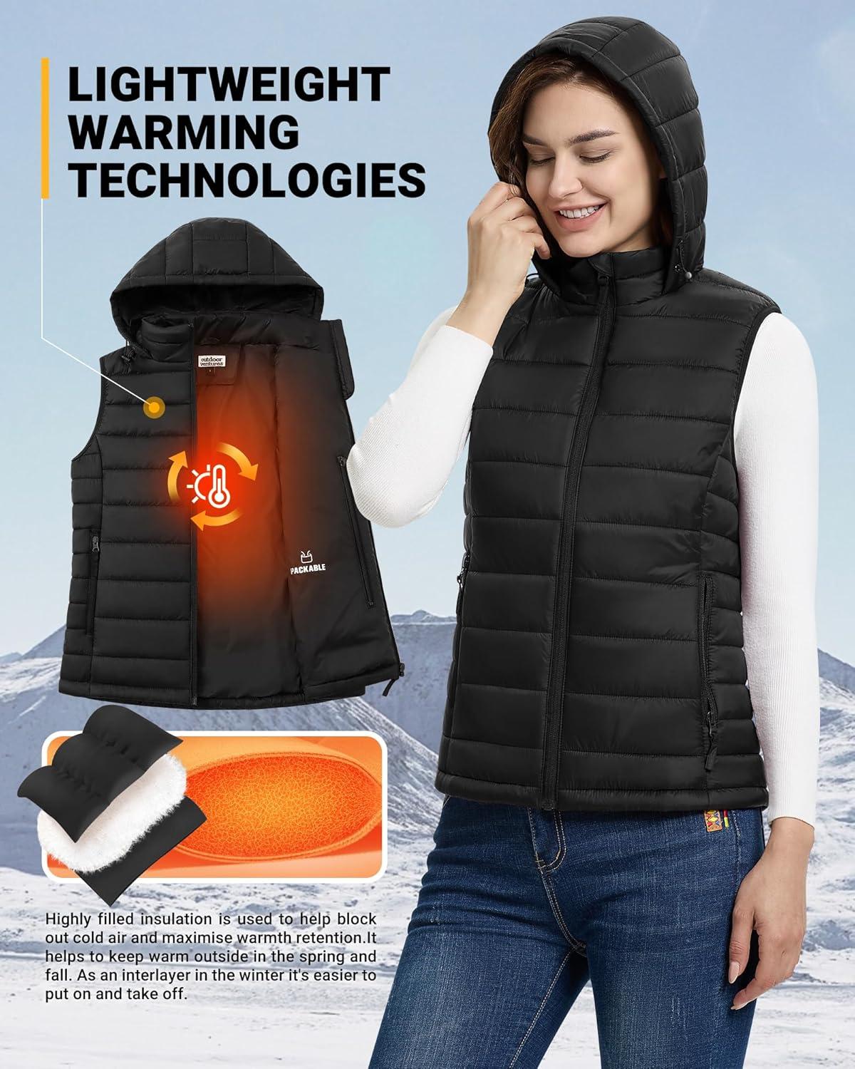 Outdoor Ventures Women’s Lightweight Packable Hooded Puffer Vest Outerwear Zip Up Warm Sleeveless Winter Jacket Quilted Coat(Black)