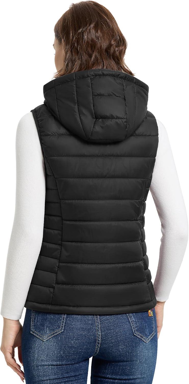 Outdoor Ventures Women’s Lightweight Packable Hooded Puffer Vest Outerwear Zip Up Warm Sleeveless Winter Jacket Quilted Coat(Black)