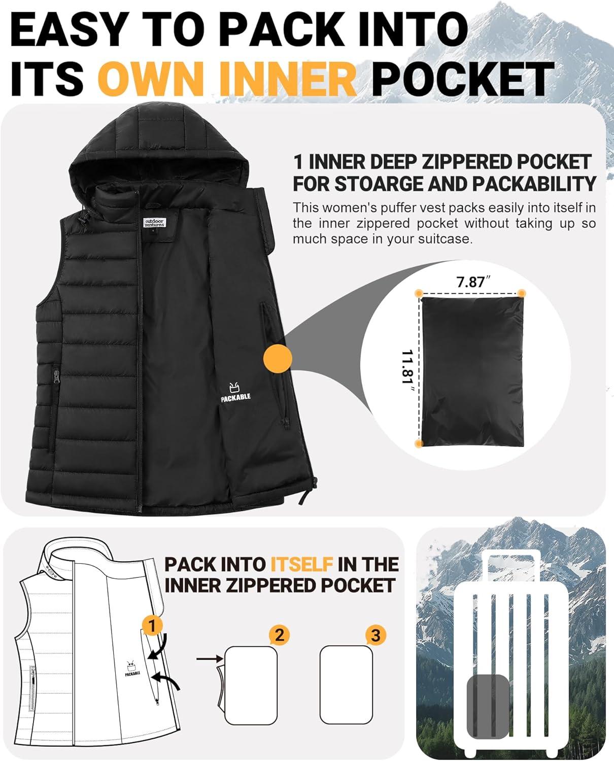 Outdoor Ventures Women’s Lightweight Packable Hooded Puffer Vest Outerwear Zip Up Warm Sleeveless Winter Jacket Quilted Coat(Black)
