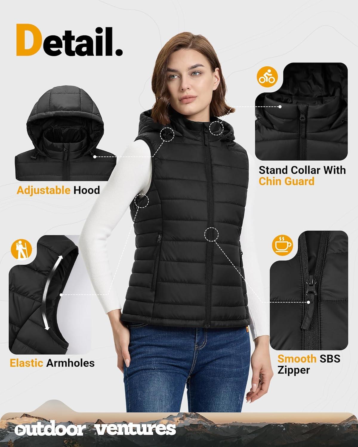 Outdoor Ventures Women’s Lightweight Packable Hooded Puffer Vest Outerwear Zip Up Warm Sleeveless Winter Jacket Quilted Coat(Black)
