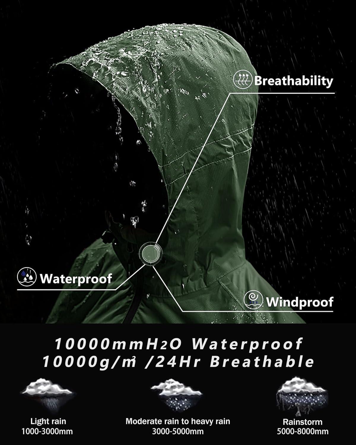 Outdoor Ventures Men’s Packable Rain Jacket Waterproof Lightweight Raincoat with Hood Windproof Cycling Jackets(Dark Green)