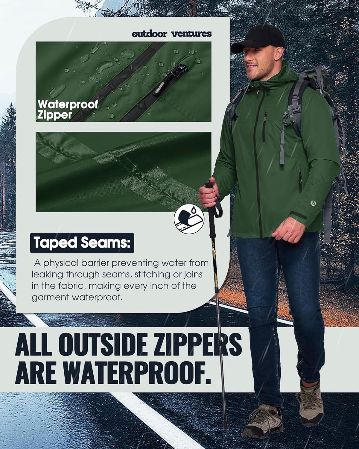 Outdoor Ventures Men’s Packable Rain Jacket Waterproof Lightweight Raincoat with Hood Windproof Cycling Jackets(Dark Green)