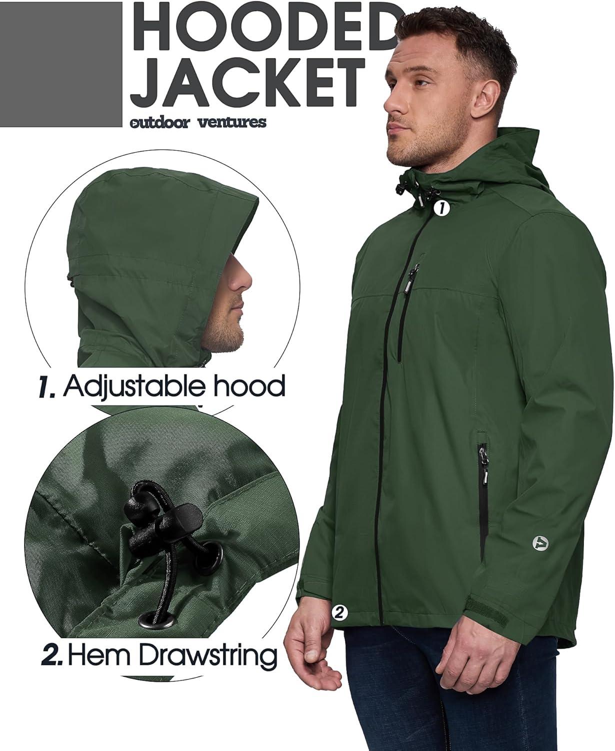 Outdoor Ventures Men’s Packable Rain Jacket Waterproof Lightweight Raincoat with Hood Windproof Cycling Jackets(Dark Green)