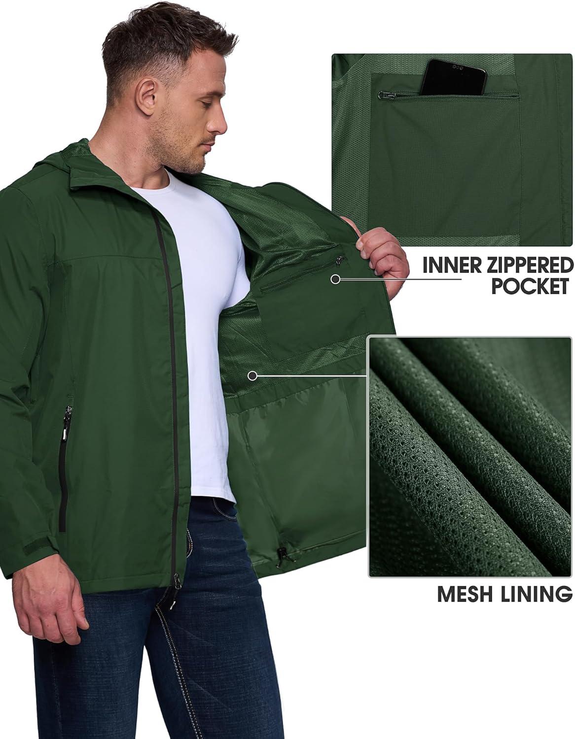 Outdoor Ventures Men’s Packable Rain Jacket Waterproof Lightweight Raincoat with Hood Windproof Cycling Jackets(Dark Green)