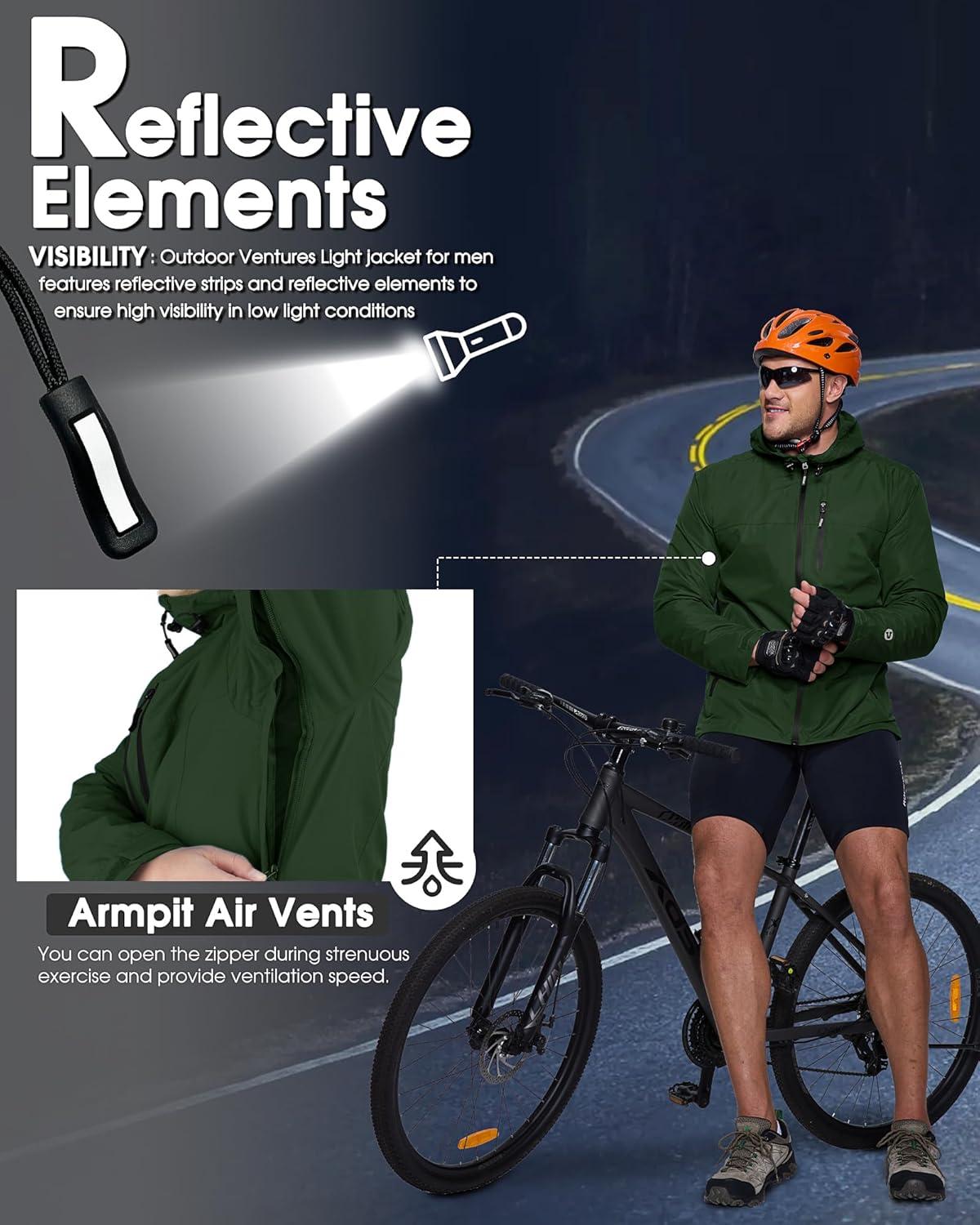 Outdoor Ventures Men’s Packable Rain Jacket Waterproof Lightweight Raincoat with Hood Windproof Cycling Jackets(Dark Green)