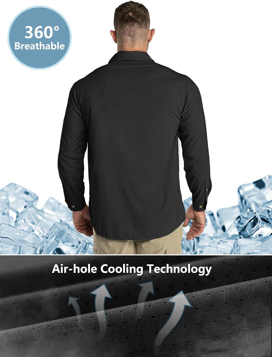 Outdoor Ventures Men’s UPF 50+ UV Sun Protection Shirt, Long Sleeve Hiking Fishing Shirt Cooling Quick Dry for Safari Travel(Black)