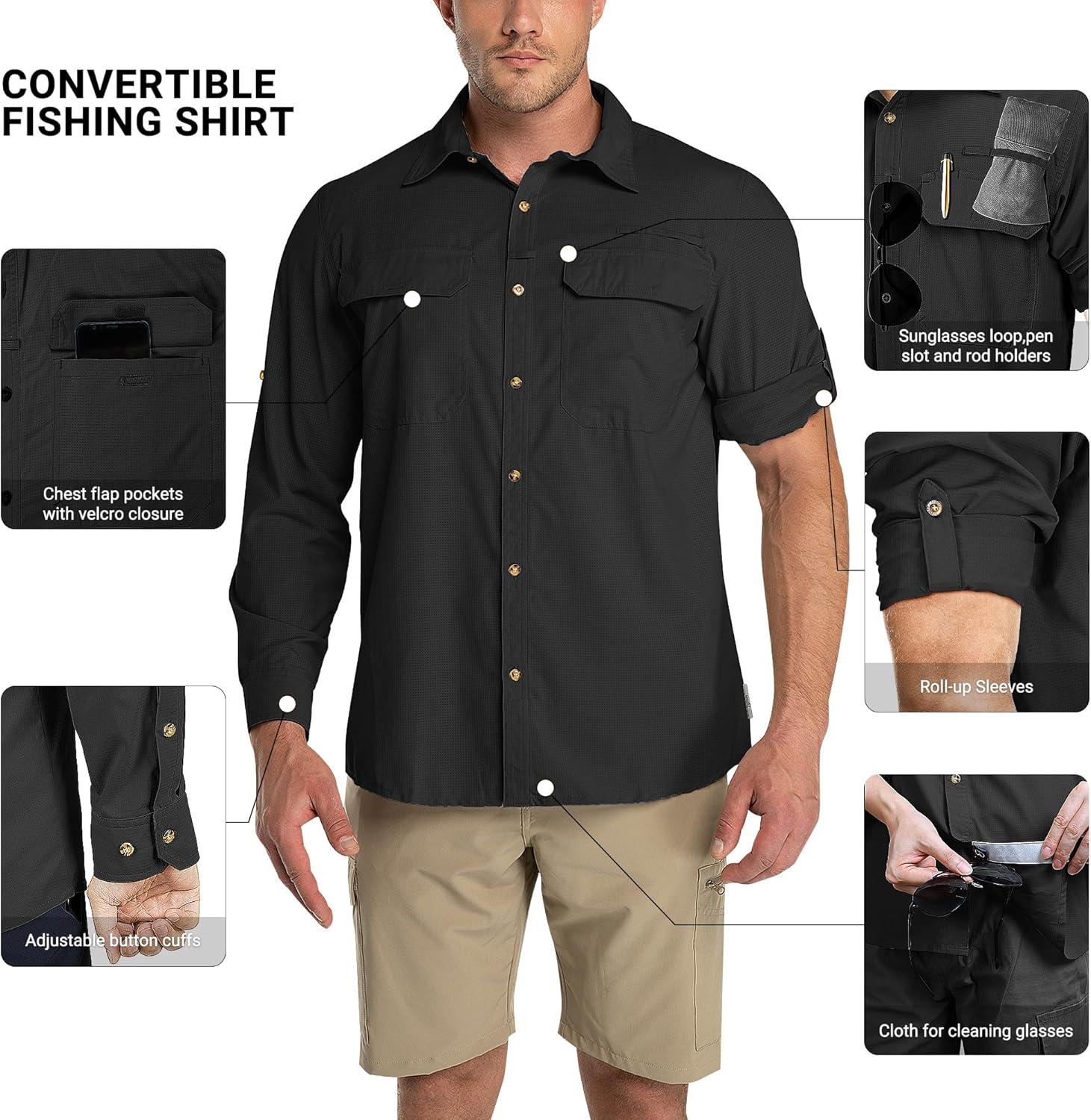 Outdoor Ventures Men’s UPF 50+ UV Sun Protection Shirt, Long Sleeve Hiking Fishing Shirt Cooling Quick Dry for Safari Travel(Black)