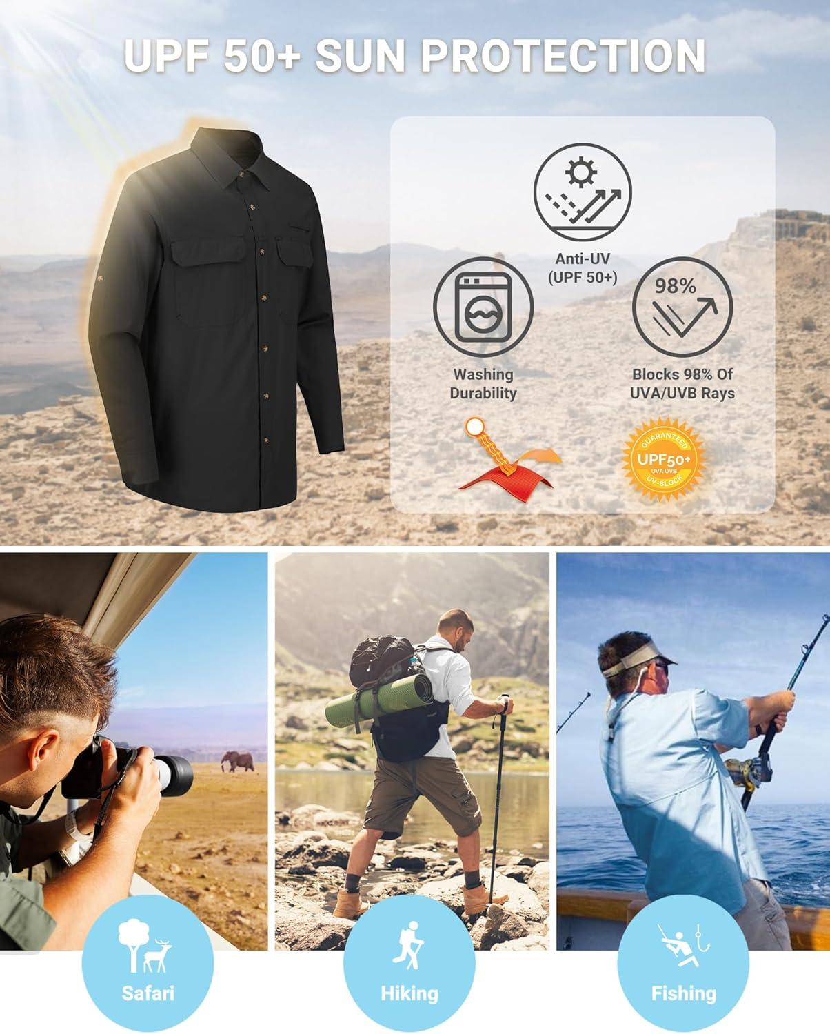 Outdoor Ventures Men’s UPF 50+ UV Sun Protection Shirt, Long Sleeve Hiking Fishing Shirt Cooling Quick Dry for Safari Travel(Black)