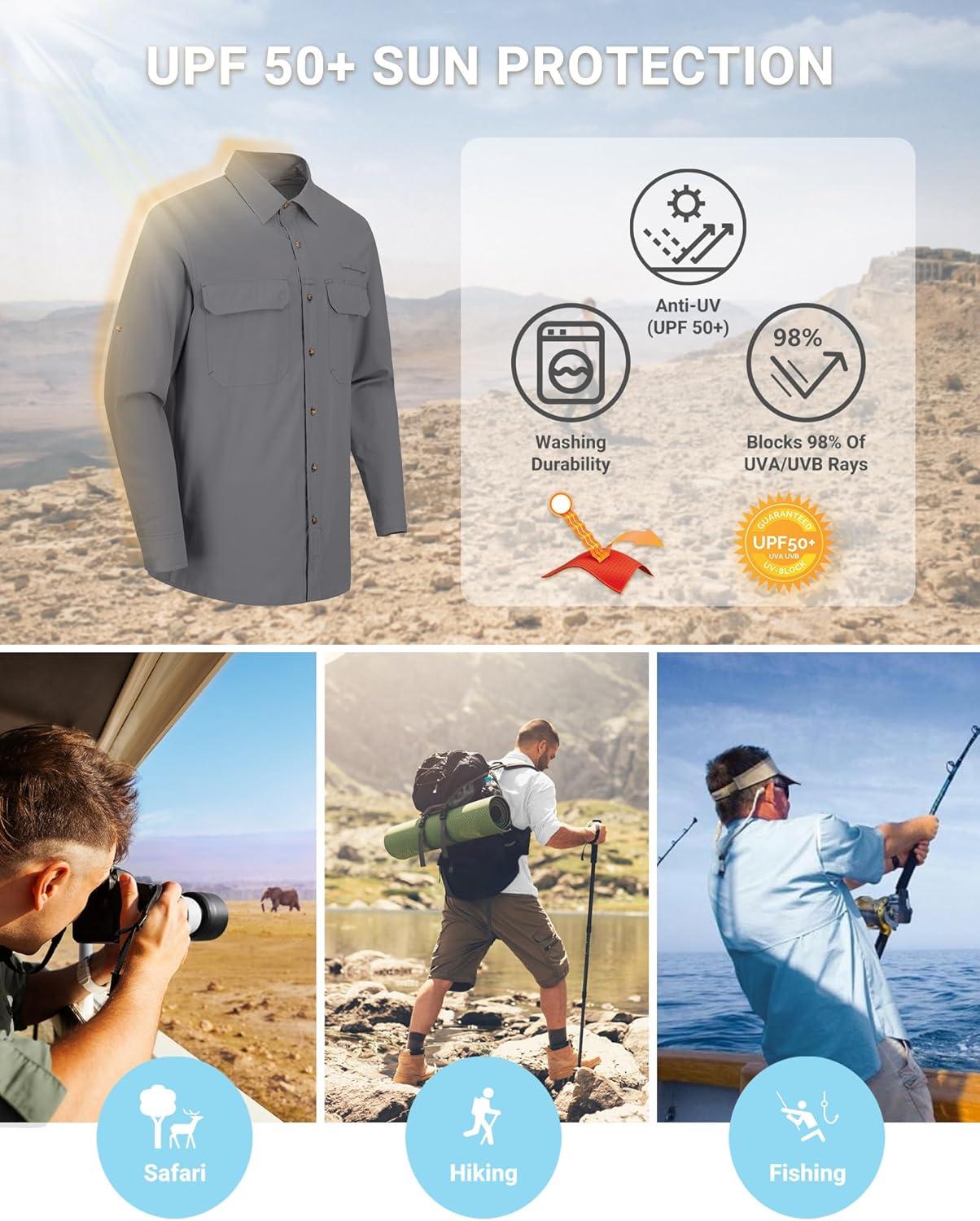 Outdoor Ventures Men’s UPF 50+ UV Sun Protection Shirt, Long Sleeve Hiking Fishing Shirt Cooling Quick Dry for Safari Travel(Storm Grey)