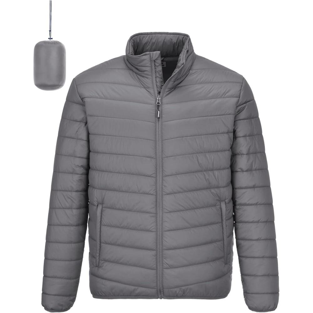 Outdoor Ventures Men’s Lightweight Packable Puffer Winter Jacket Insulated Puffy Coat for Snow Ski Hiking Travel(Grey(fold in Bag))