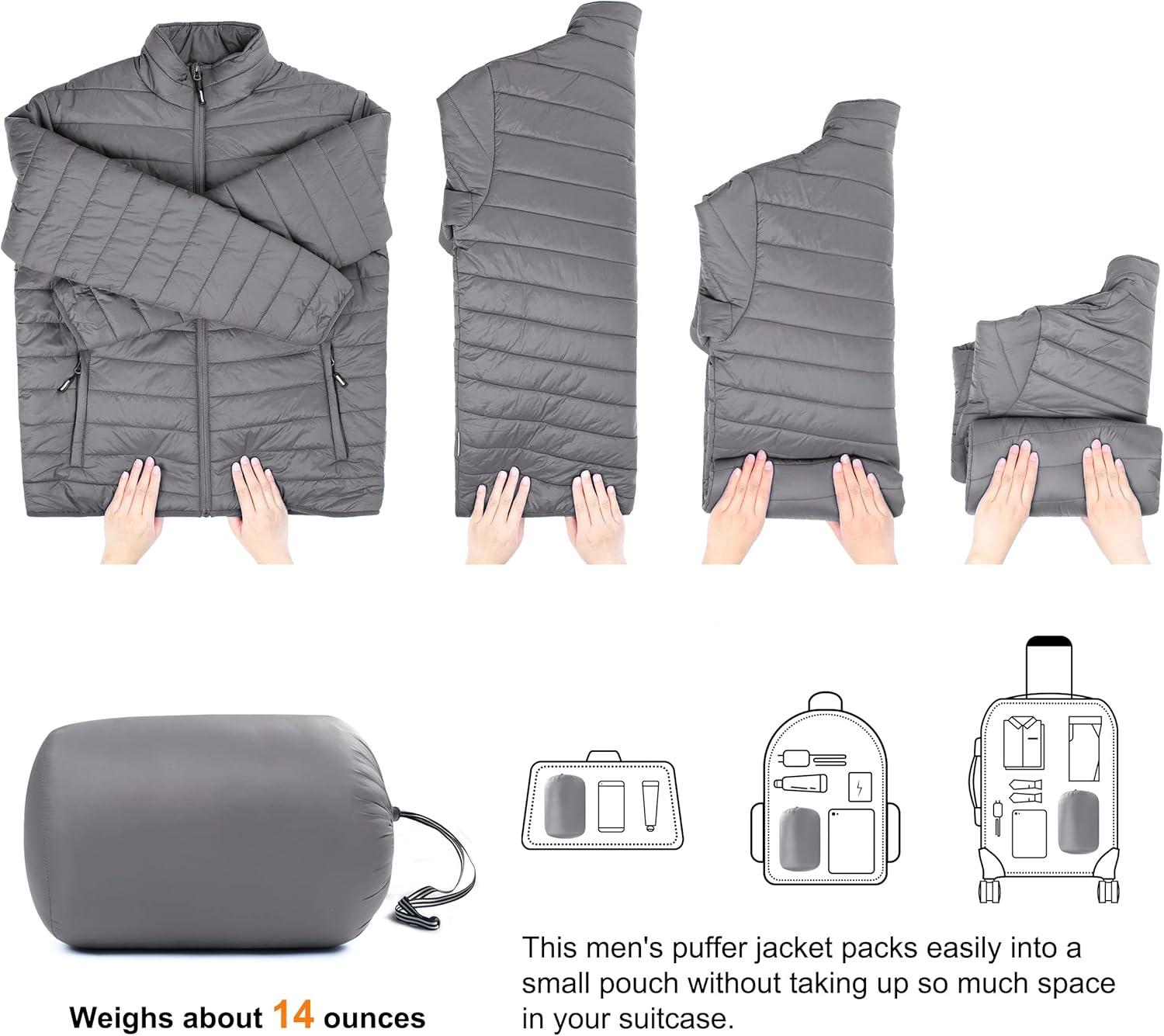 Outdoor Ventures Men’s Lightweight Packable Puffer Winter Jacket Insulated Puffy Coat for Snow Ski Hiking Travel(Grey(fold in Bag))