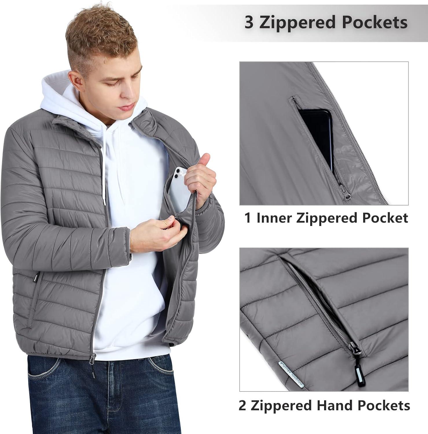 Outdoor Ventures Men’s Lightweight Packable Puffer Winter Jacket Insulated Puffy Coat for Snow Ski Hiking Travel(Grey(fold in Bag))