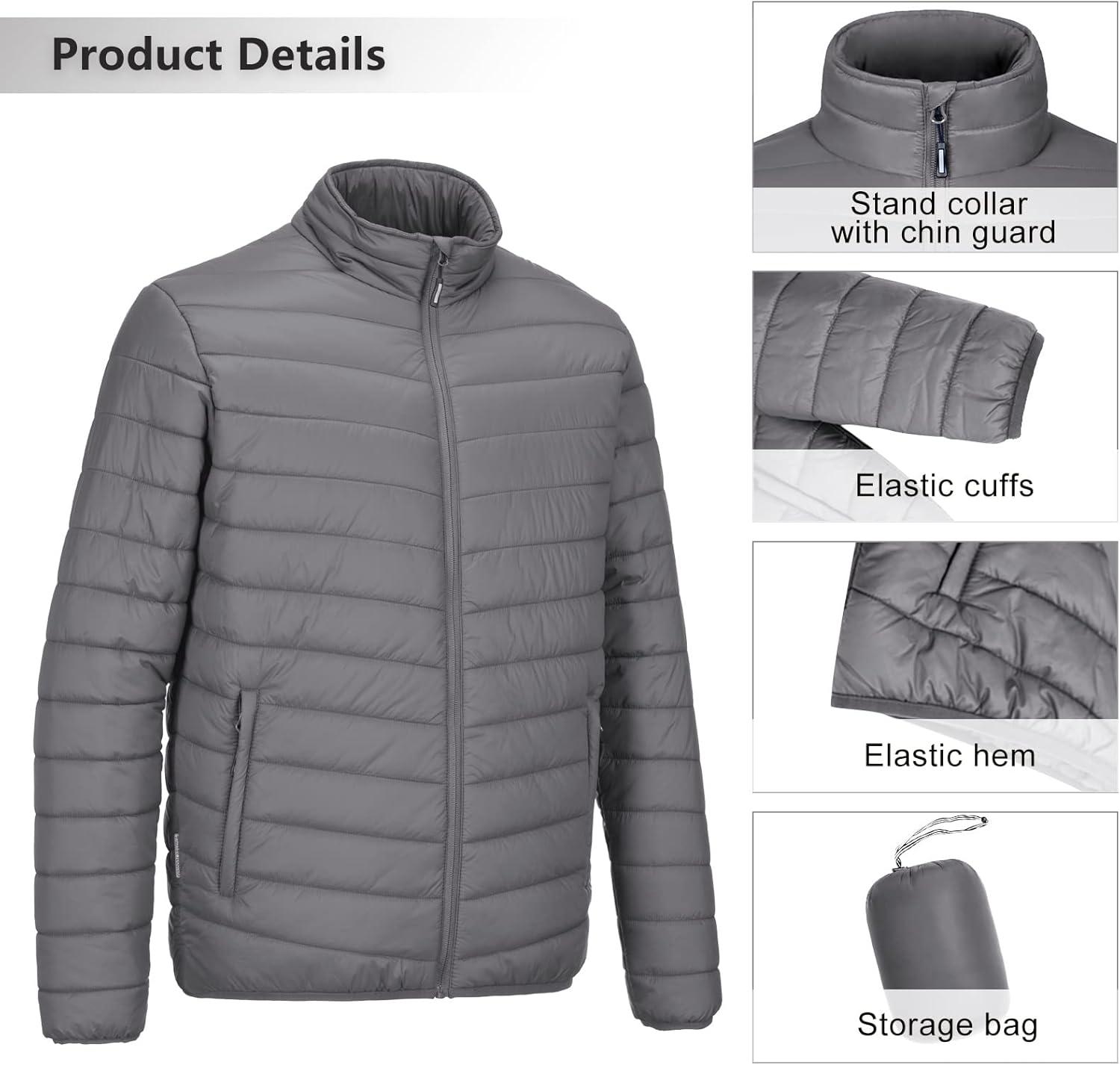 Outdoor Ventures Men’s Lightweight Packable Puffer Winter Jacket Insulated Puffy Coat for Snow Ski Hiking Travel(Grey(fold in Bag))