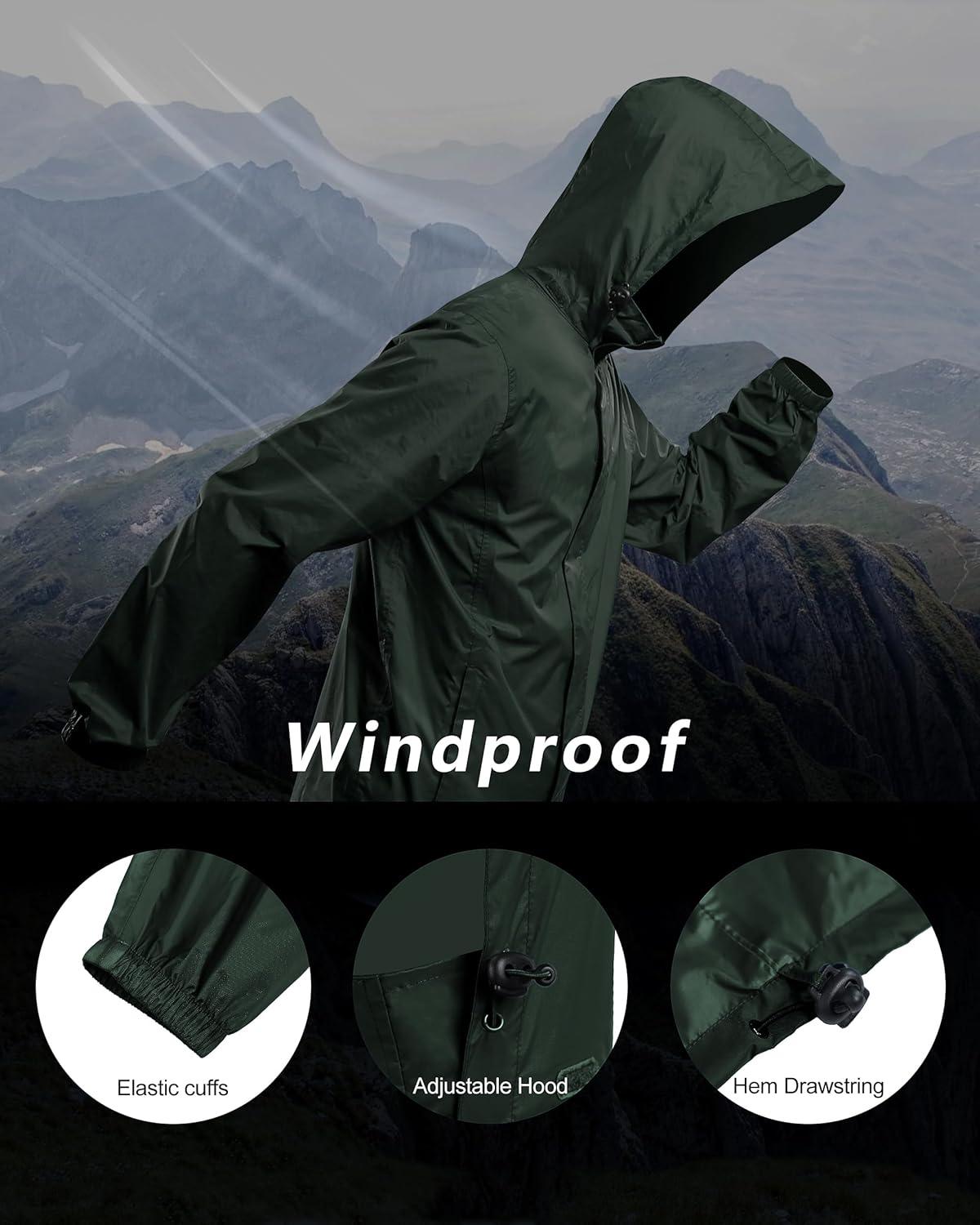 Outdoor Ventures Men’s Rain Jacket Waterproof Lightweight Packable Rain Shell Raincoat with Hood for Golf Hiking Travel(Dark Green)