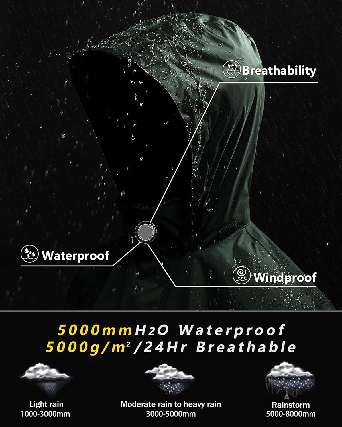 Outdoor Ventures Men’s Rain Jacket Waterproof Lightweight Packable Rain Shell Raincoat with Hood for Golf Hiking Travel(Dark Green)