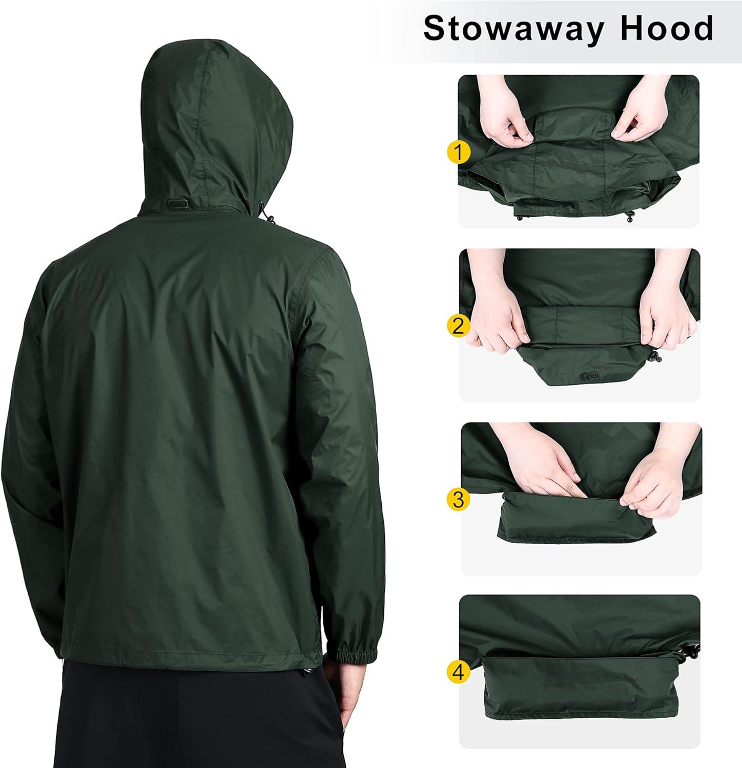 Outdoor Ventures Men’s Rain Jacket Waterproof Lightweight Packable Rain Shell Raincoat with Hood for Golf Hiking Travel(Dark Green)