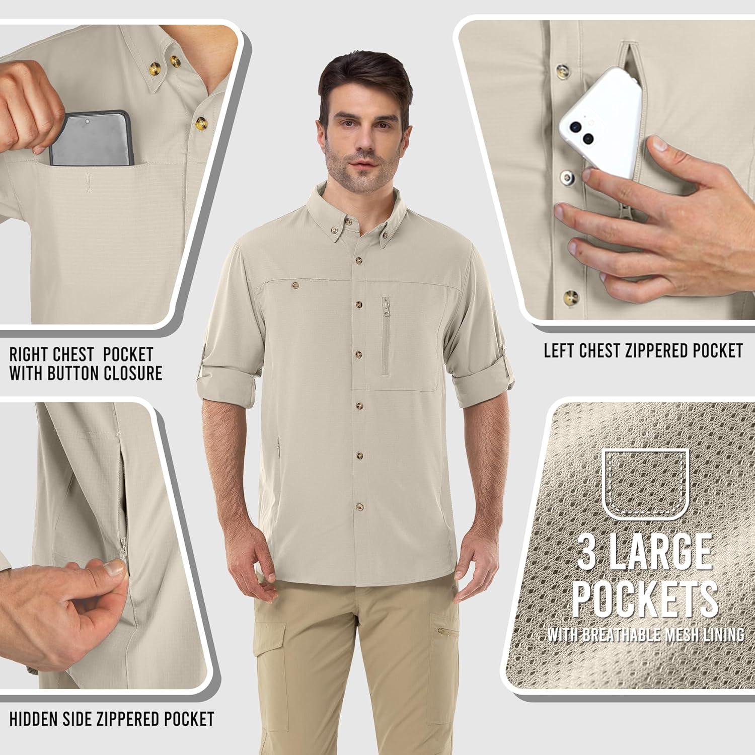 Outdoor Ventures Men’s Long Sleeve Hiking Shirt UPF 50 UV Sun Protection Shirt Cooling Quick Dry for Travel Fishing Safari(Khaki)