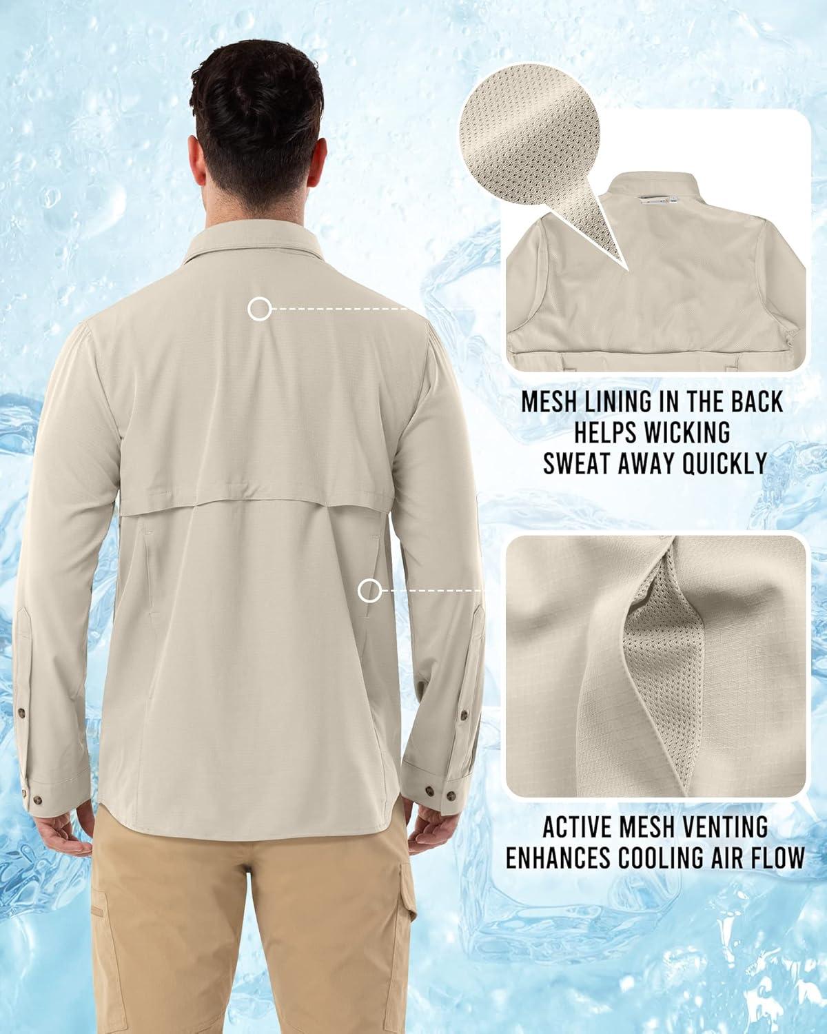 Outdoor Ventures Men’s Long Sleeve Hiking Shirt UPF 50 UV Sun Protection Shirt Cooling Quick Dry for Travel Fishing Safari(Khaki)