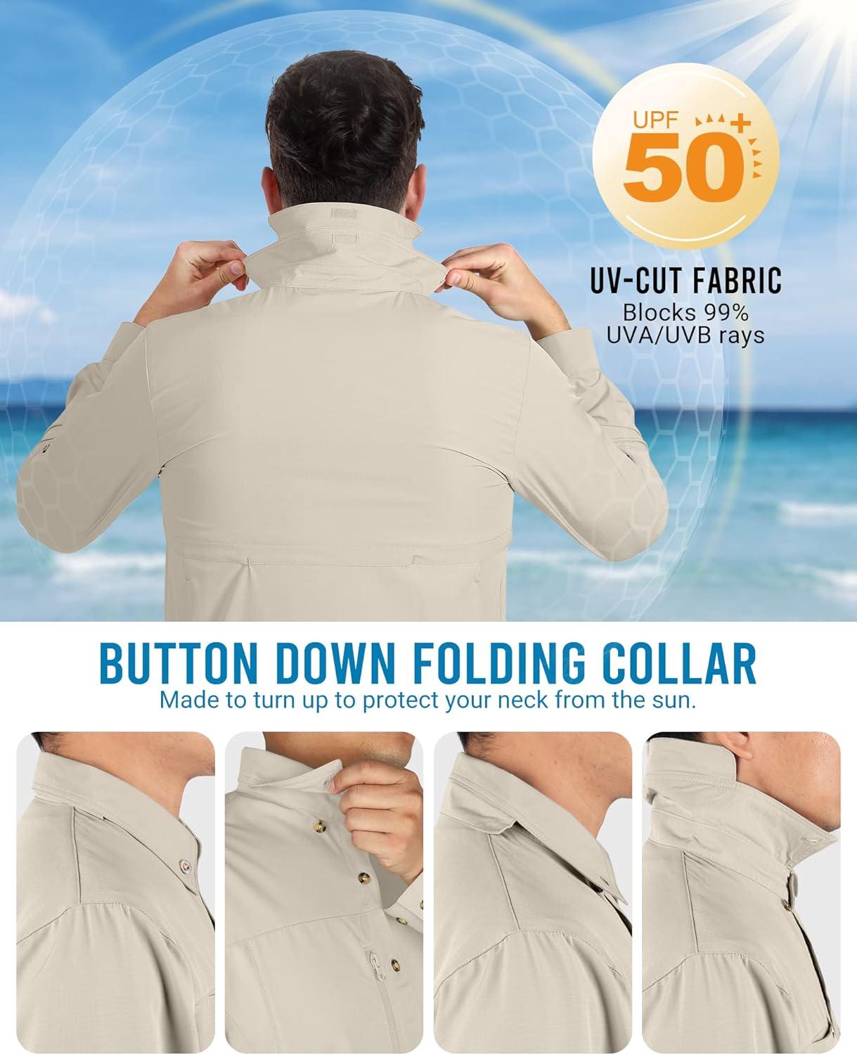 Outdoor Ventures Men’s Long Sleeve Hiking Shirt UPF 50 UV Sun Protection Shirt Cooling Quick Dry for Travel Fishing Safari(Khaki)