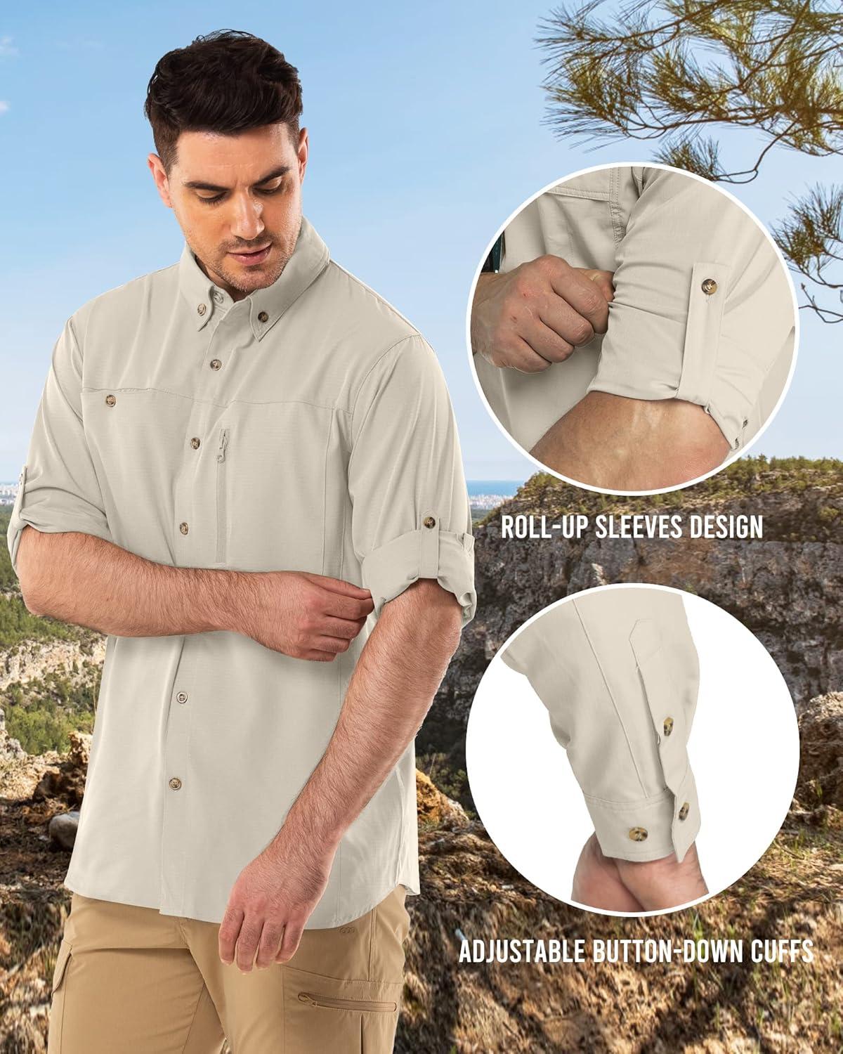 Outdoor Ventures Men’s Long Sleeve Hiking Shirt UPF 50 UV Sun Protection Shirt Cooling Quick Dry for Travel Fishing Safari(Khaki)