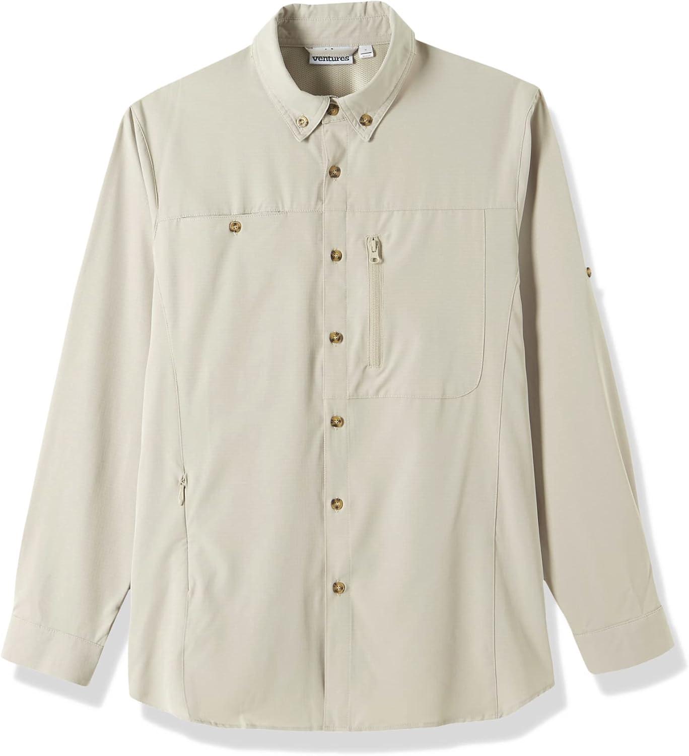 Outdoor Ventures Men’s Long Sleeve Hiking Shirt UPF 50 UV Sun Protection Shirt Cooling Quick Dry for Travel Fishing Safari(Khaki)