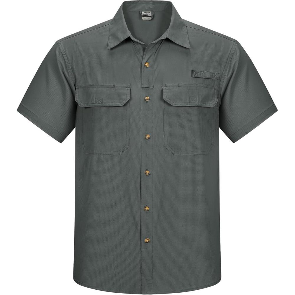 Outdoor Ventures Men’s Lightweight Short Sleeve Fishing Shirt UPF 50 Button Down Quick Dry Cooling Hiking Travel Safari Shirt(Shadow Grey)