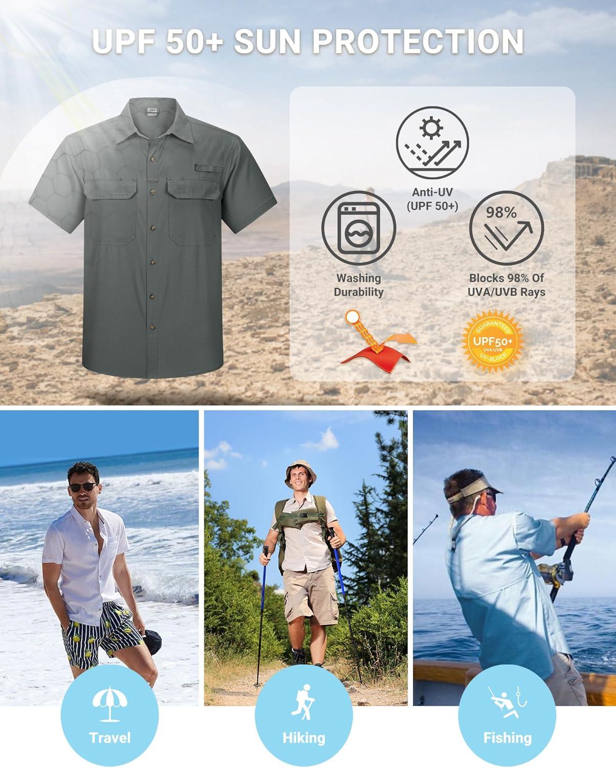 Outdoor Ventures Men’s Lightweight Short Sleeve Fishing Shirt UPF 50 Button Down Quick Dry Cooling Hiking Travel Safari Shirt(Shadow Grey)