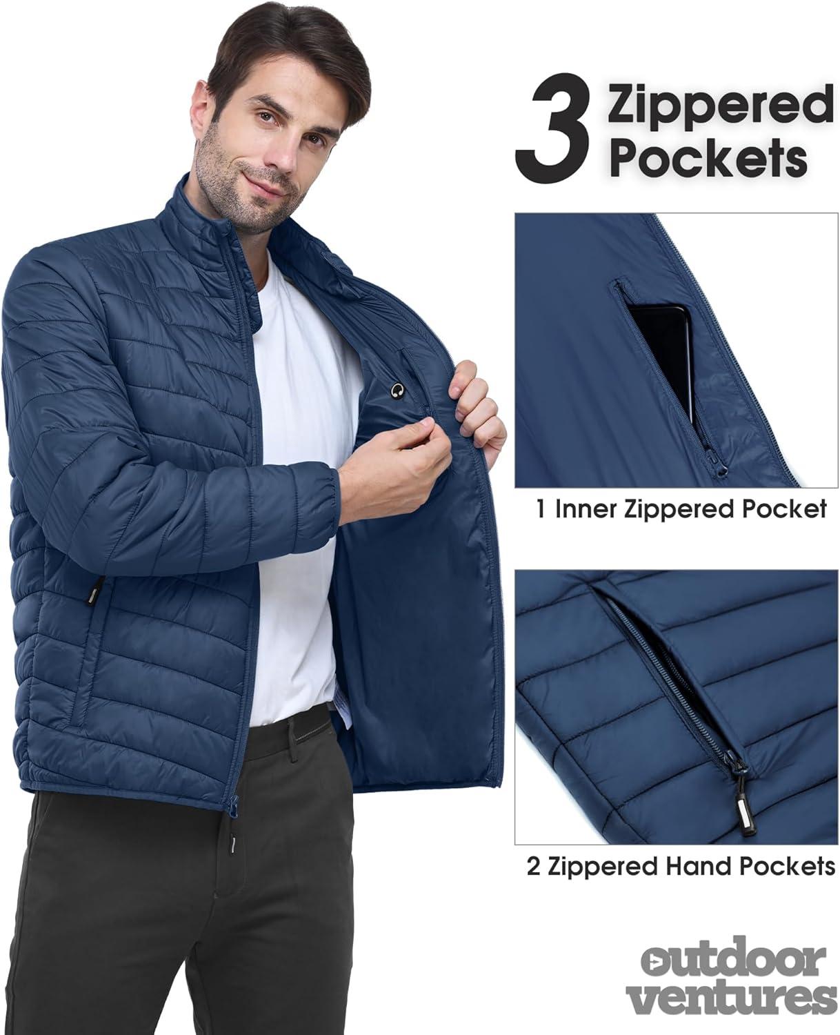 Outdoor Ventures Men’s Lightweight Packable Puffer Winter Jacket Insulated Puffy Coat for Snow Ski Hiking Travel(Collegiate Navy(fold in Bag))