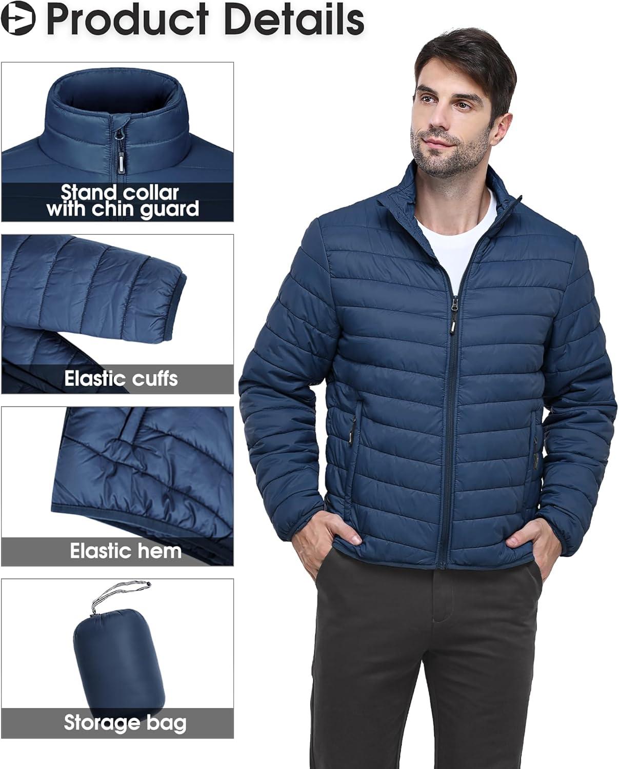 Outdoor Ventures Men’s Lightweight Packable Puffer Winter Jacket Insulated Puffy Coat for Snow Ski Hiking Travel(Collegiate Navy(fold in Bag))