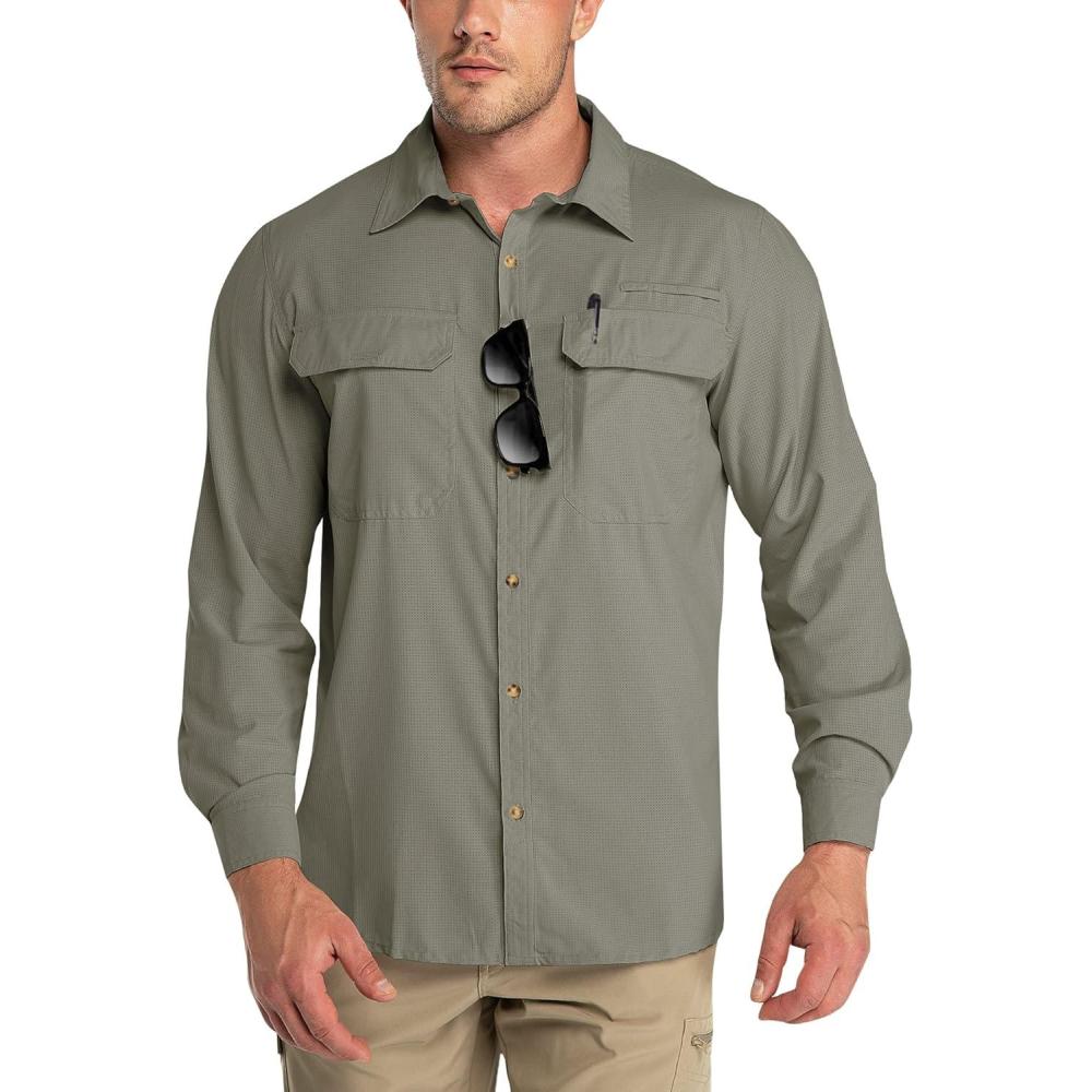 Outdoor Ventures Men’s UPF 50+ UV Sun Protection Shirt, Long Sleeve Hiking Fishing Shirt Cooling Quick Dry for Safari Travel(Green Gray)