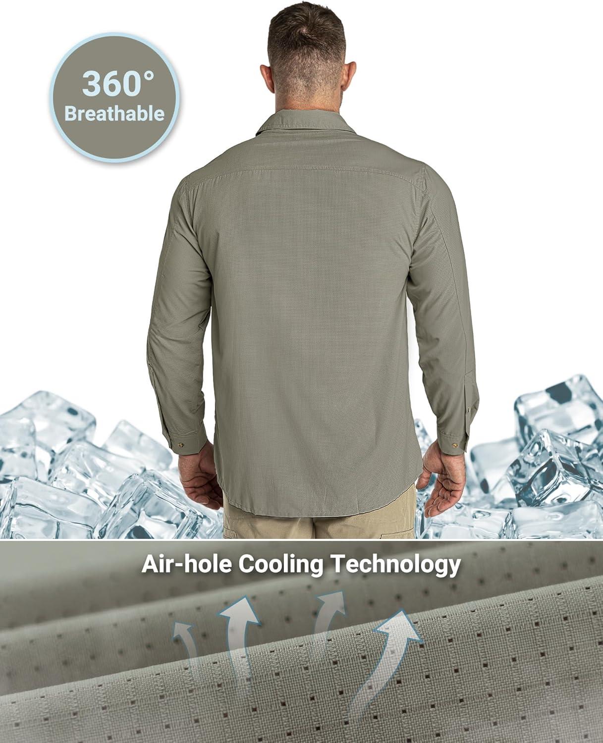 Outdoor Ventures Men’s UPF 50+ UV Sun Protection Shirt, Long Sleeve Hiking Fishing Shirt Cooling Quick Dry for Safari Travel(Green Gray)