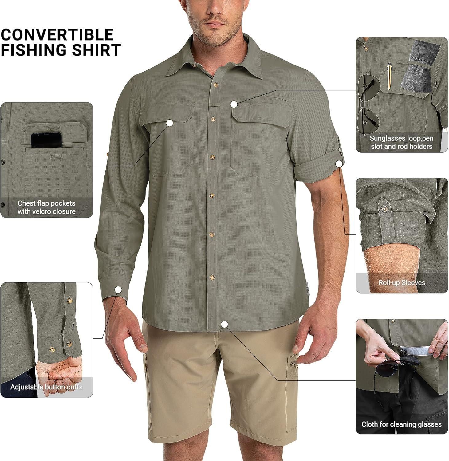 Outdoor Ventures Men’s UPF 50+ UV Sun Protection Shirt, Long Sleeve Hiking Fishing Shirt Cooling Quick Dry for Safari Travel(Green Gray)
