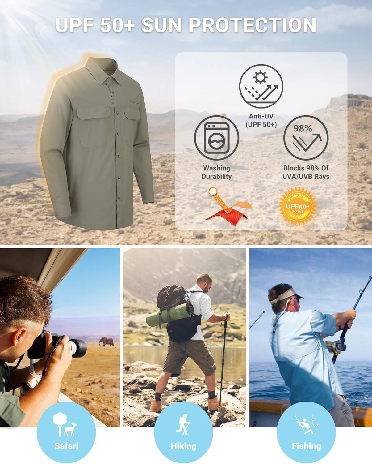 Outdoor Ventures Men’s UPF 50+ UV Sun Protection Shirt, Long Sleeve Hiking Fishing Shirt Cooling Quick Dry for Safari Travel(Green Gray)