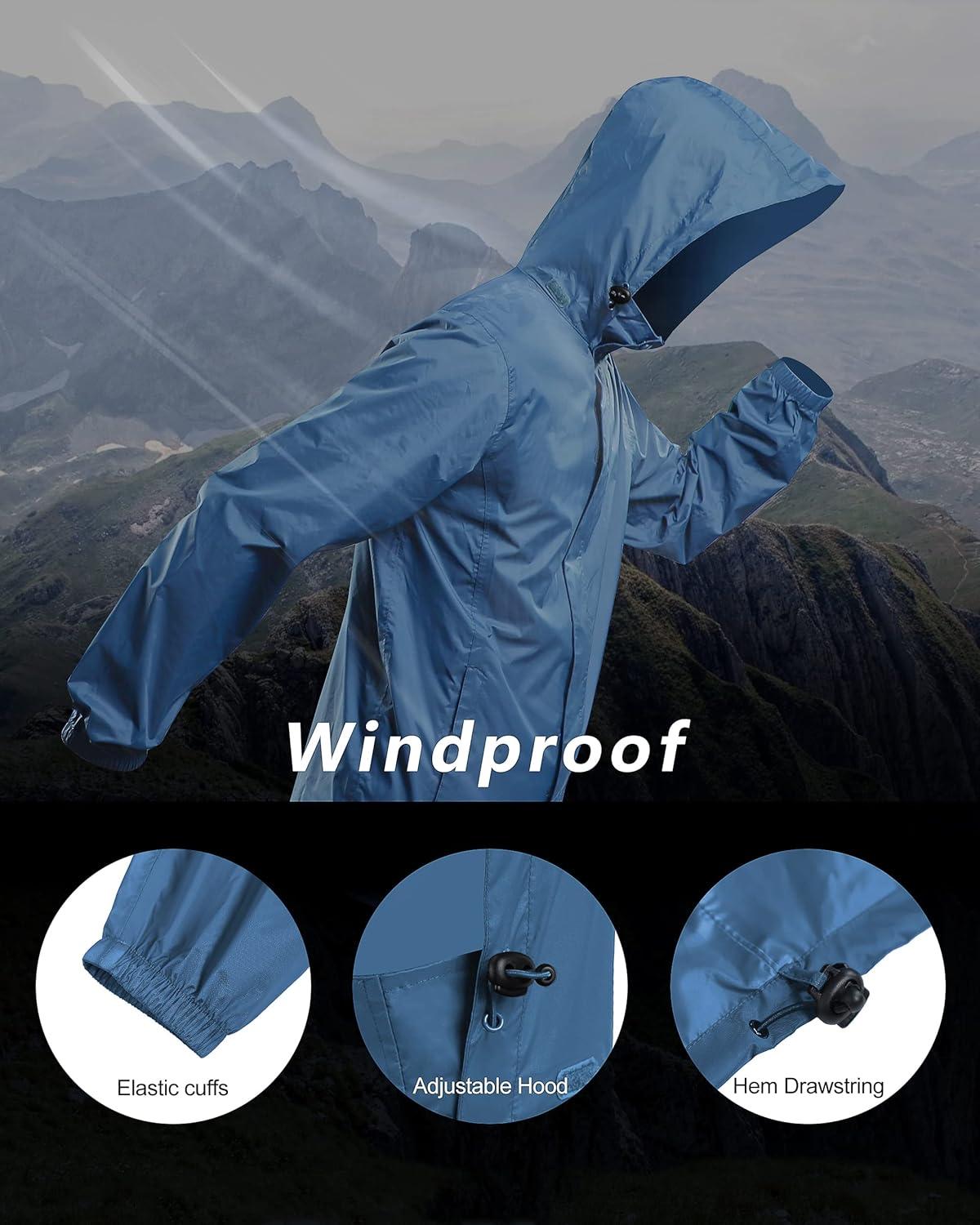 Outdoor Ventures Men’s Rain Jacket Waterproof Lightweight Packable Rain Shell Raincoat with Hood for Golf Hiking Travel(Glass Blue)