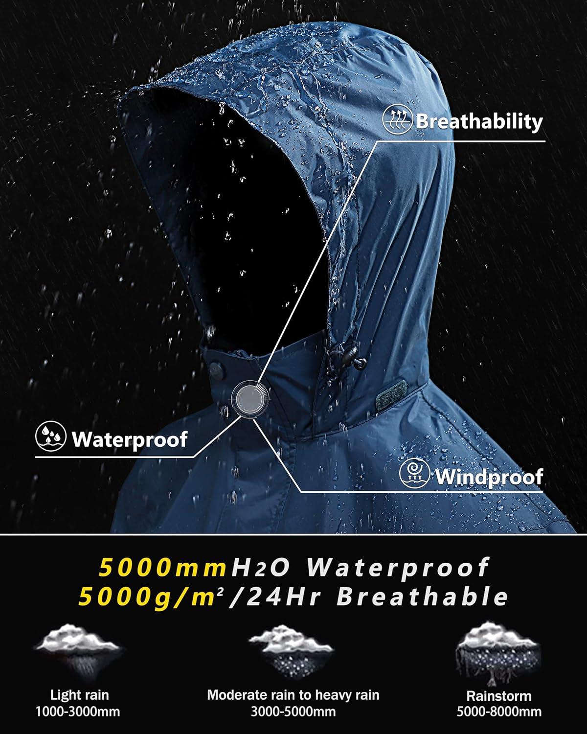 Outdoor Ventures Men’s Rain Jacket Waterproof Lightweight Packable Rain Shell Raincoat with Hood for Golf Hiking Travel(Glass Blue)