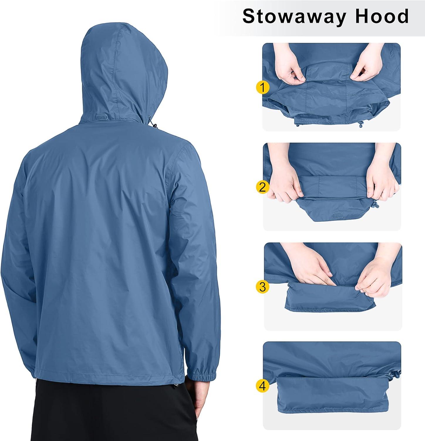 Outdoor Ventures Men’s Rain Jacket Waterproof Lightweight Packable Rain Shell Raincoat with Hood for Golf Hiking Travel(Glass Blue)