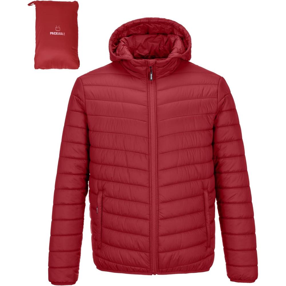 Outdoor Ventures Men’s Lightweight Packable Hooded Puffer Jacket Insulated Winter Coat for Snow Ski Traveling(Mountain Red(fold in Pocket))