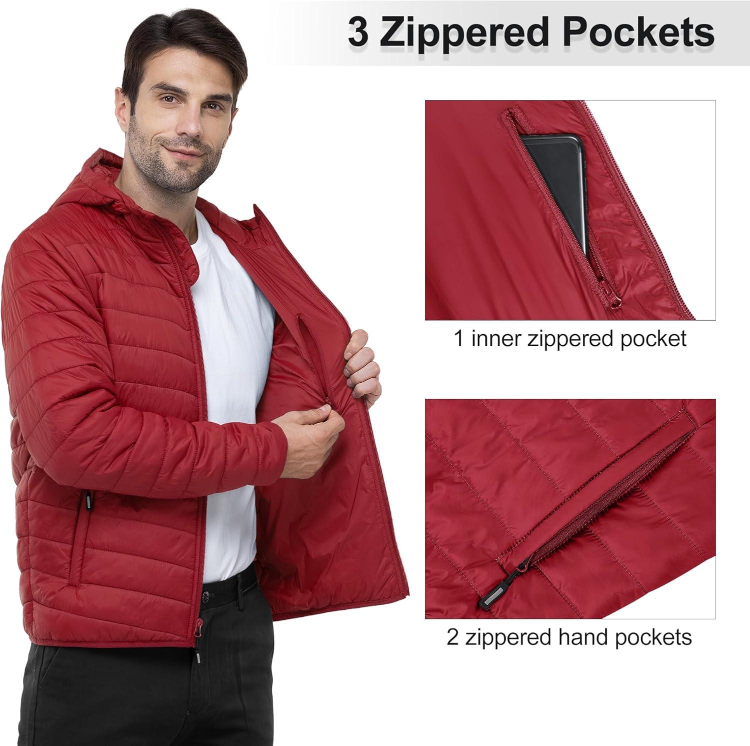 Outdoor Ventures Men’s Lightweight Packable Hooded Puffer Jacket Insulated Winter Coat for Snow Ski Traveling(Mountain Red(fold in Pocket))