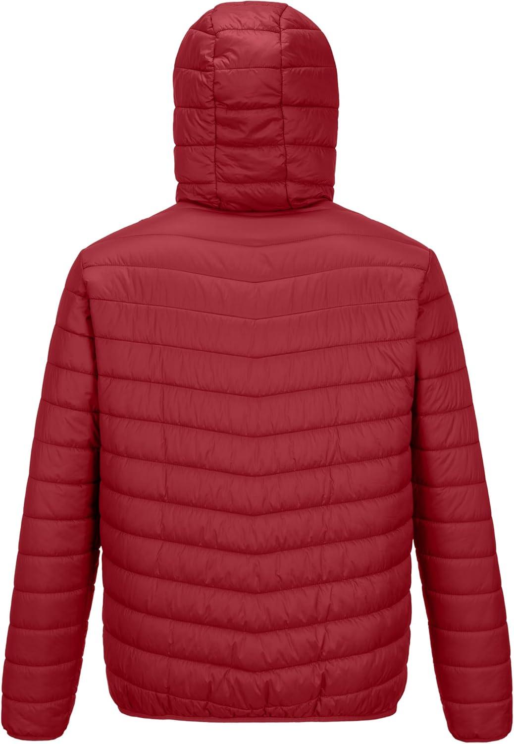 Outdoor Ventures Men’s Lightweight Packable Hooded Puffer Jacket Insulated Winter Coat for Snow Ski Traveling(Mountain Red(fold in Pocket))