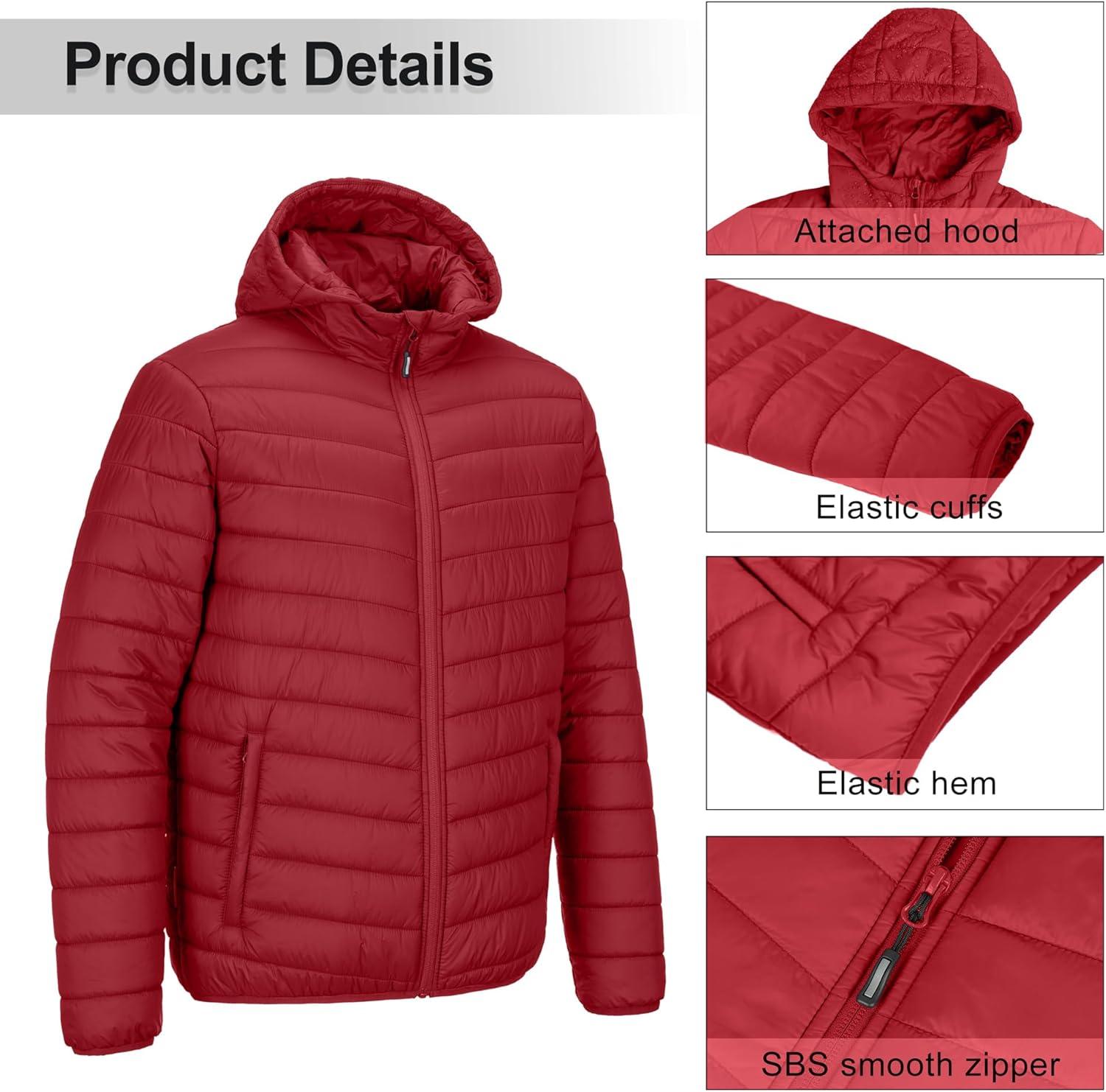 Outdoor Ventures Men’s Lightweight Packable Hooded Puffer Jacket Insulated Winter Coat for Snow Ski Traveling(Mountain Red(fold in Pocket))