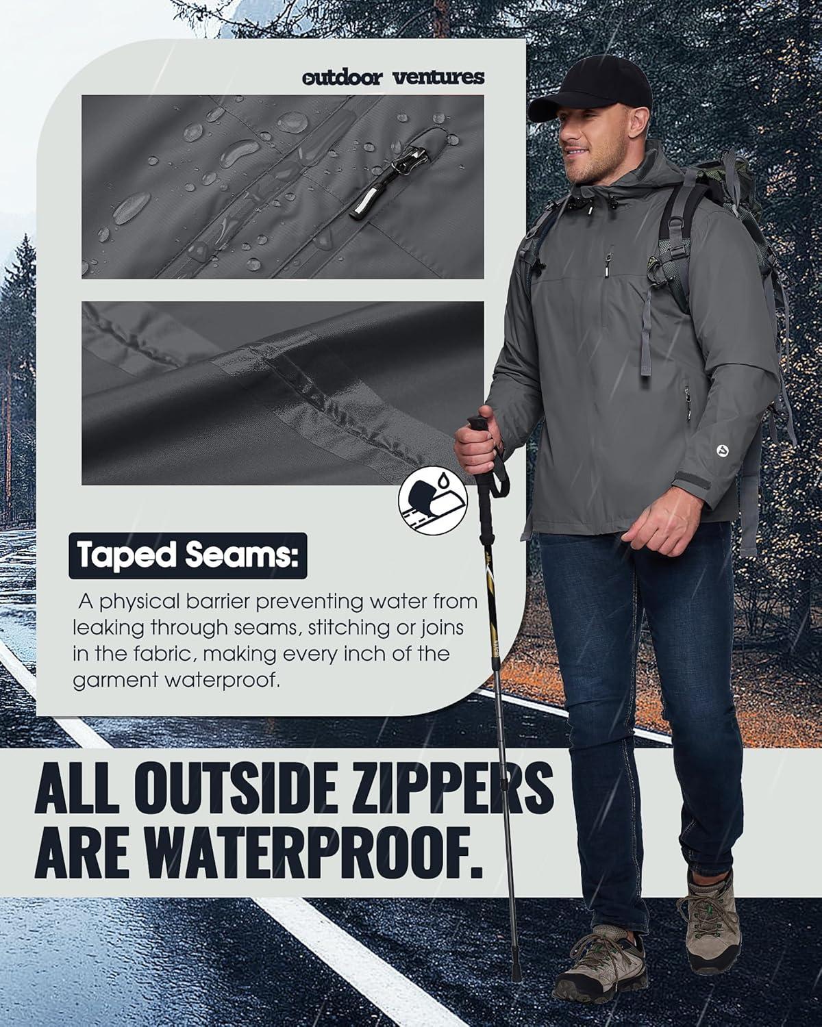 Outdoor Ventures Men’s Packable Rain Jacket Waterproof Lightweight Raincoat with Hood Windproof Cycling Jackets(Grey)