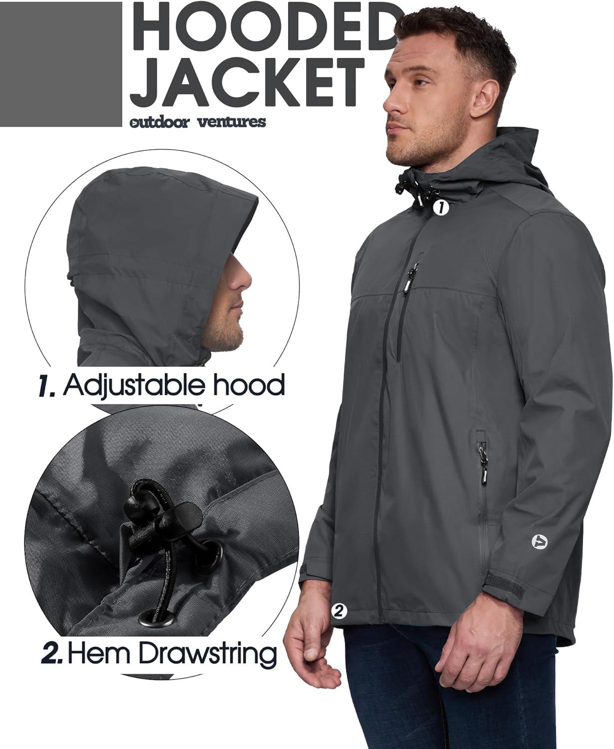 Outdoor Ventures Men’s Packable Rain Jacket Waterproof Lightweight Raincoat with Hood Windproof Cycling Jackets(Grey)