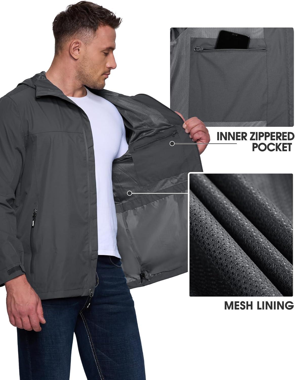 Outdoor Ventures Men’s Packable Rain Jacket Waterproof Lightweight Raincoat with Hood Windproof Cycling Jackets(Grey)