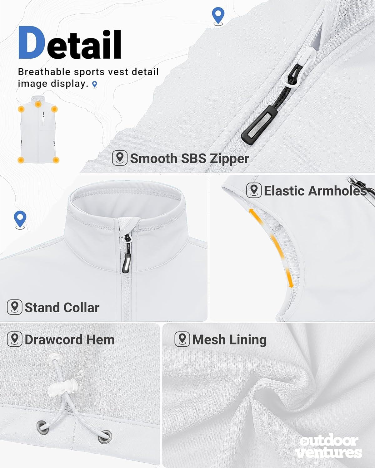 Outdoor Ventures Men’s Windproof Softshell Vest Outerwear Lightweight Sleeveless Jacket for Running Golf Hiking Travel(White)