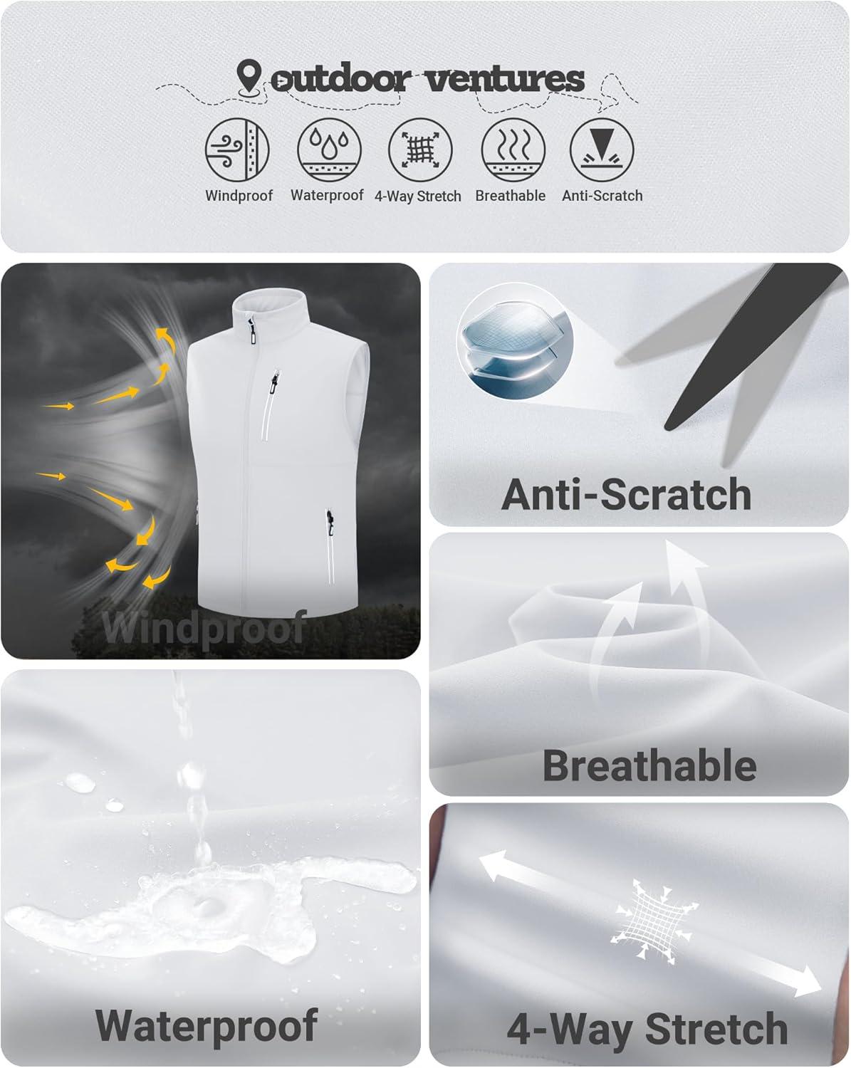 Outdoor Ventures Men’s Windproof Softshell Vest Outerwear Lightweight Sleeveless Jacket for Running Golf Hiking Travel(White)